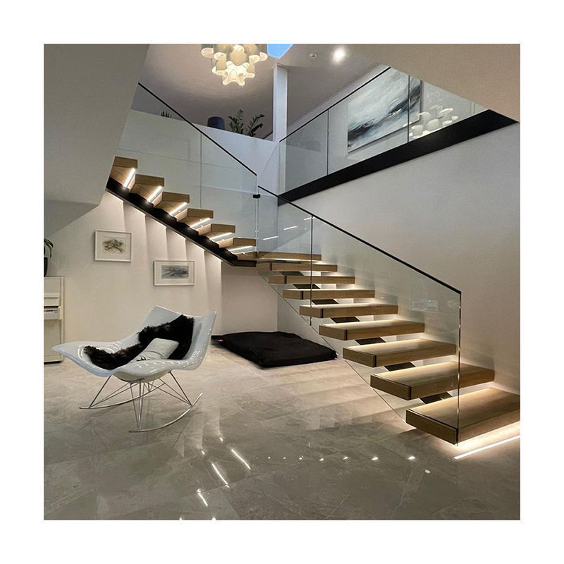 CBMmart Australian Style Interior Glass Wood Staircase Floating Straight Stairs with Led Tread