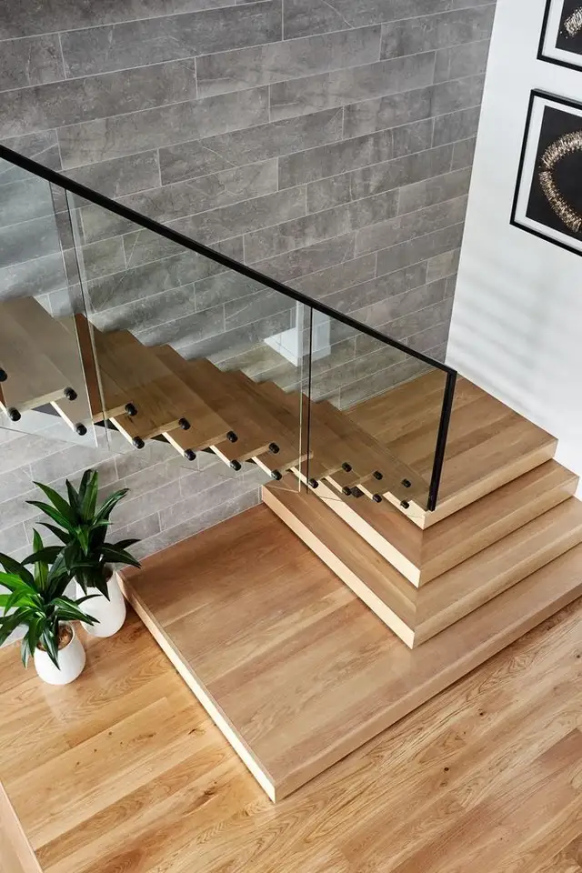 CBMmart Whole House Customize Interior wooden treads glass railing floating staircase