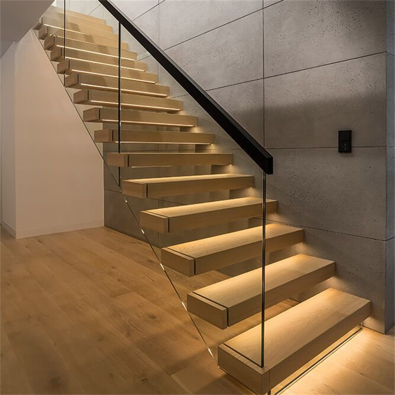 CBMmart Whole House Customize Interior wooden treads glass railing floating staircase