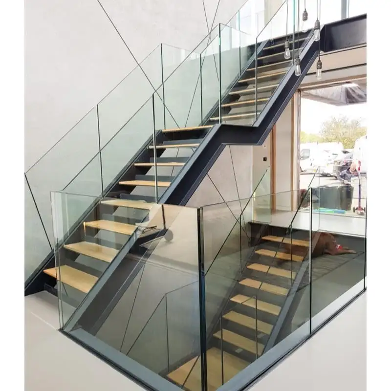 CBMmart Simple design mono metal stringers deck stairs clear glass railing staircase with landing