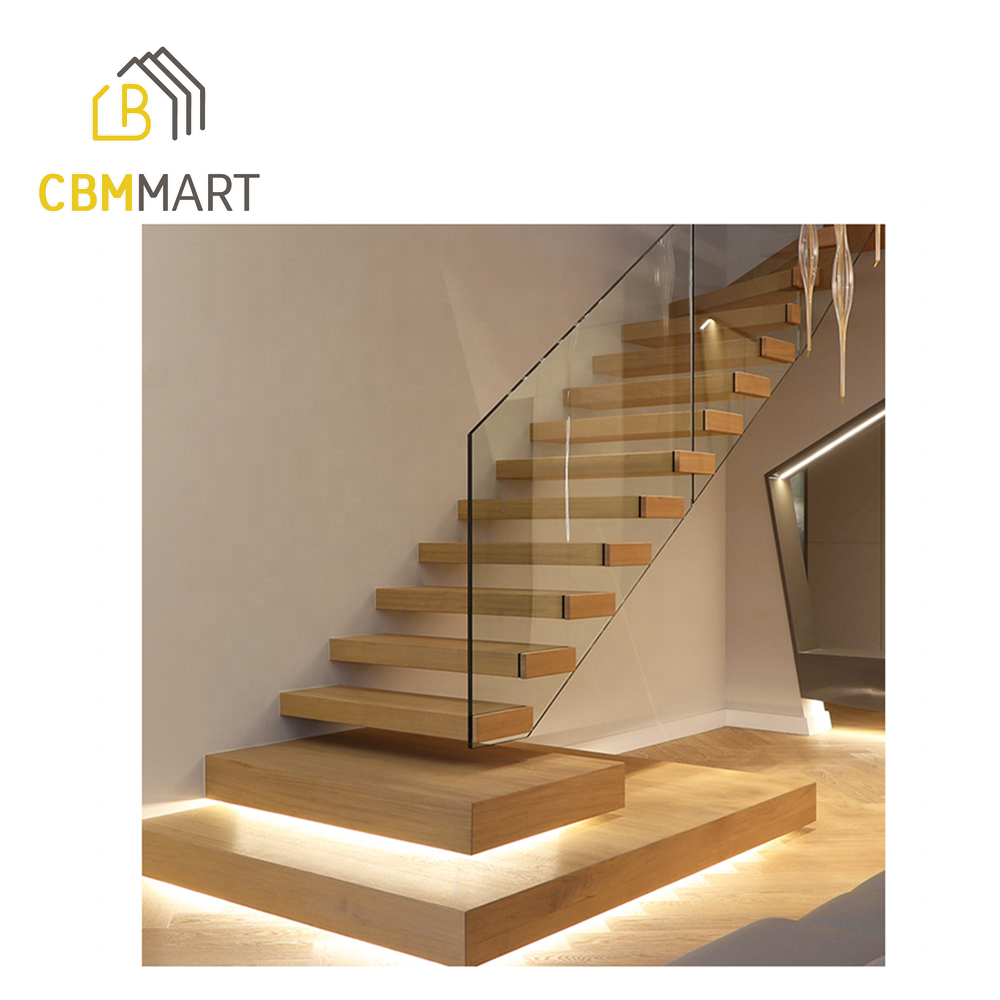 CBMmart Indoor Staircase Tempered Glass Railing Folding Modern Design Wood Stair Floating Straight Stairs Residential stair