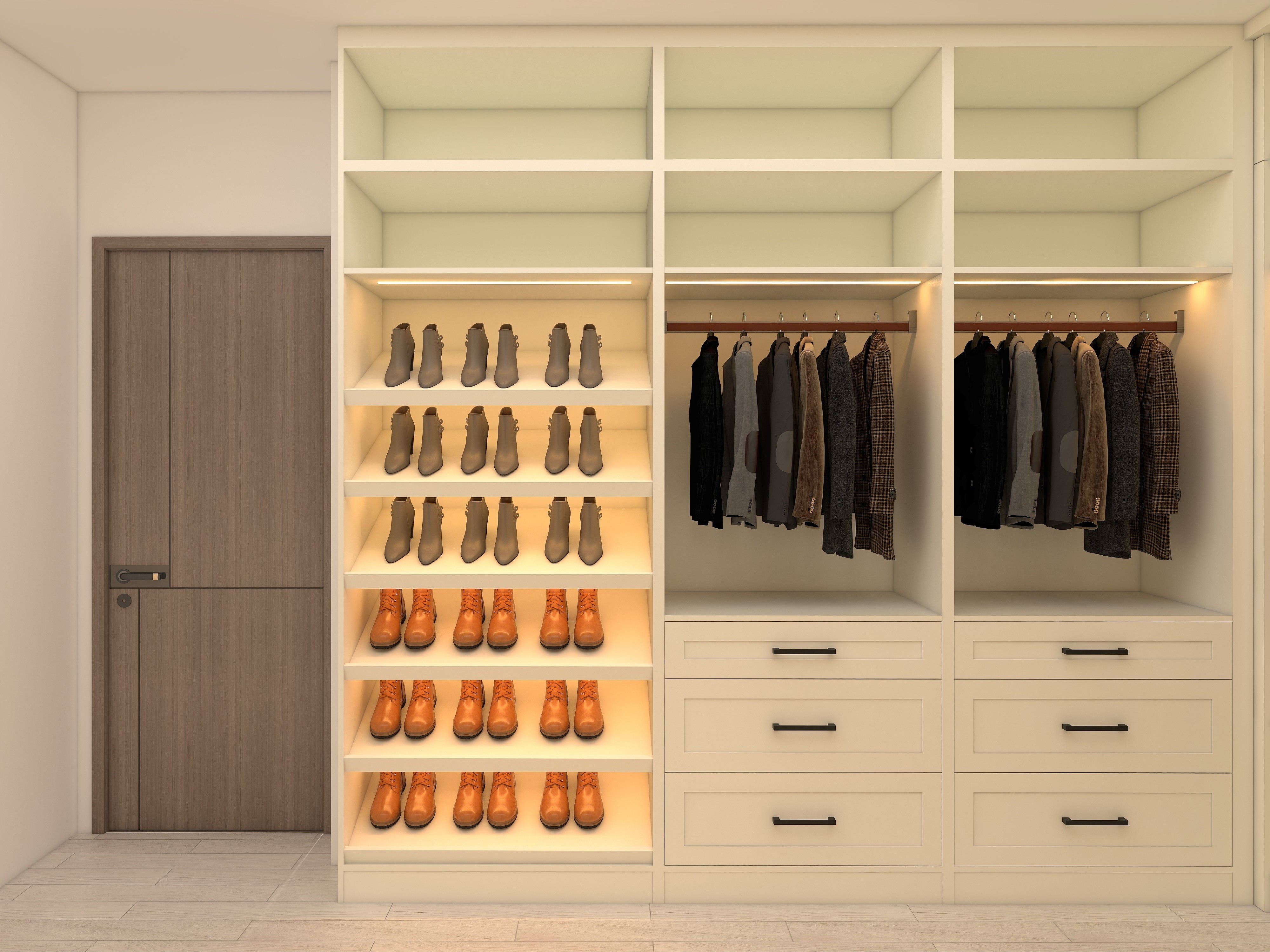 CBMmart USA Style White Classical Shaker Walk In Closet with Dresser Warm Light Shelves Walk in Closet