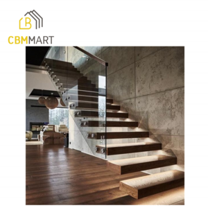 CBMmart Indoor Staircase Tempered Glass Railing Folding Modern Design Wood Stair Floating Straight Stairs Residential stair