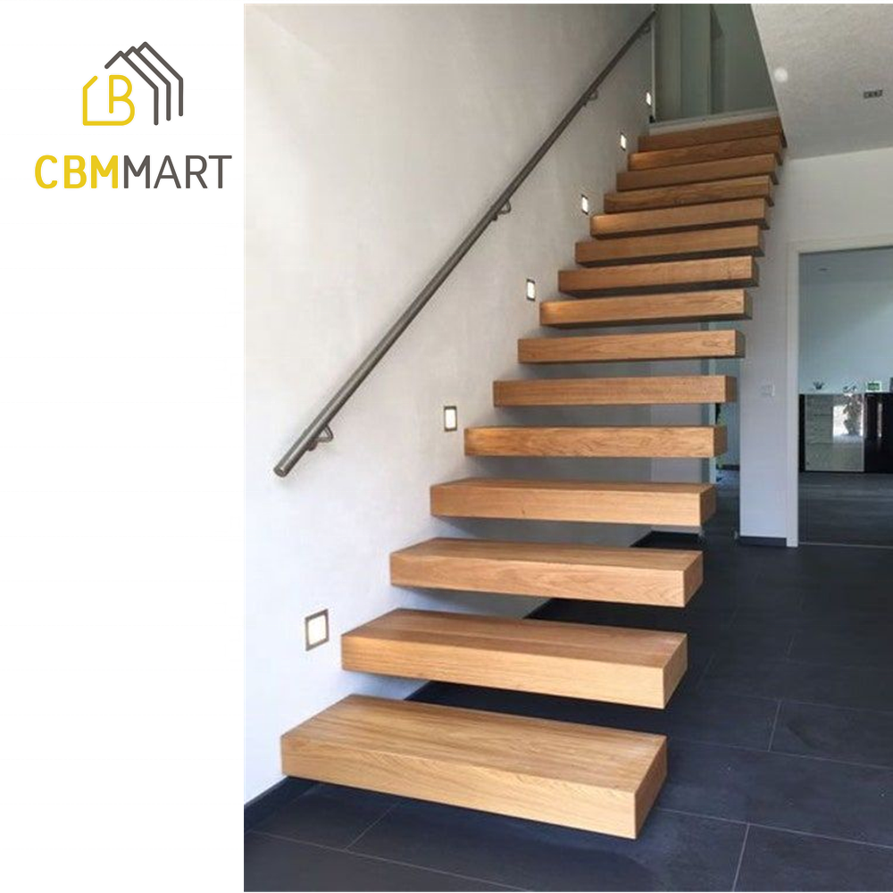 CBMmart Indoor Staircase Tempered Glass Railing Folding Modern Design Wood Stair Floating Straight Stairs Residential stair