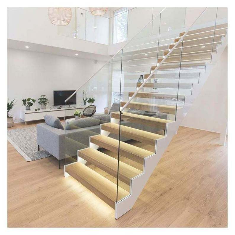 CBMmart Australian Style Interior Glass Wood Staircase Floating Straight Stairs with Led Tread