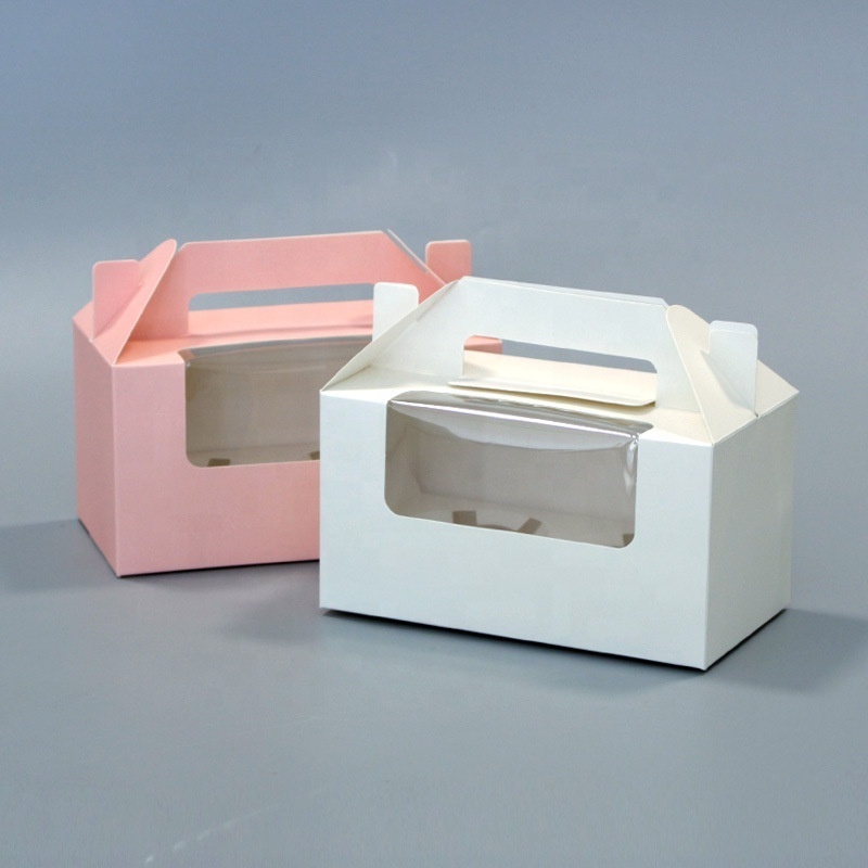 Pink Glossy Cake Boxes Window Cupcake Gable Box With Handles