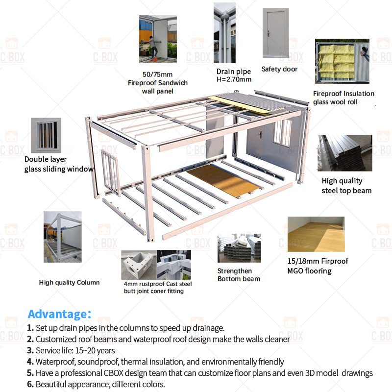 Cbox new technology prefab container office steel structure frame welded flat pack container house as dormitory