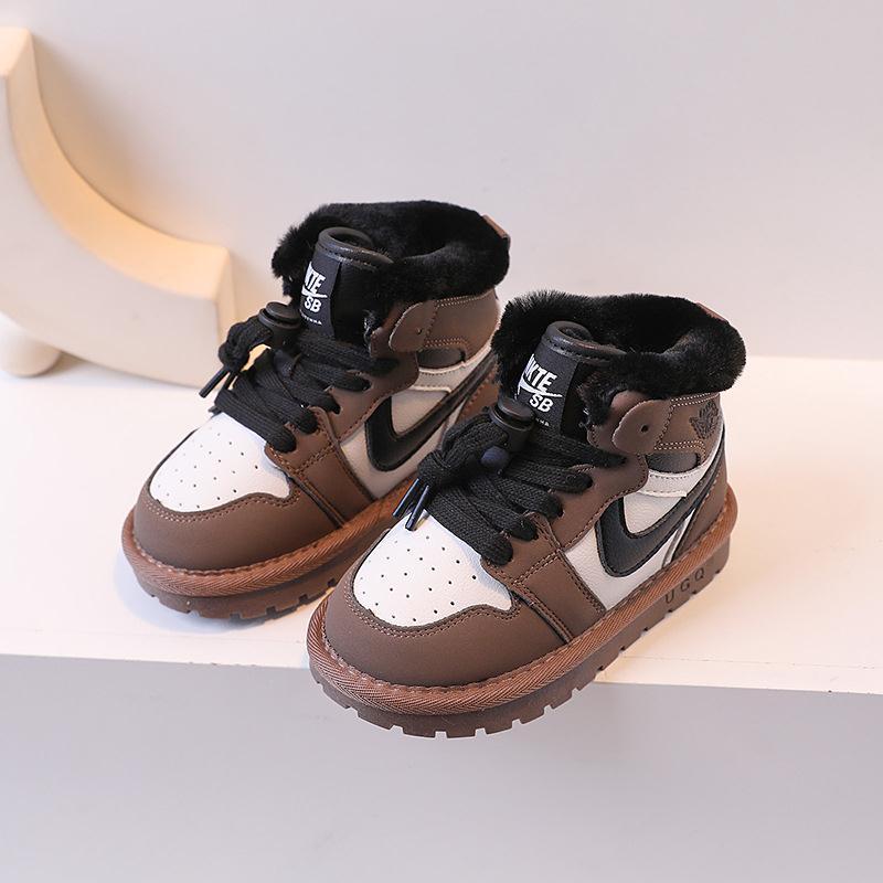 Classical Toddler Kids High Top Shoes Sport 2023 Winter Thick Black Sneakers for Girls Custom Leather Baby Casual Shoes Children