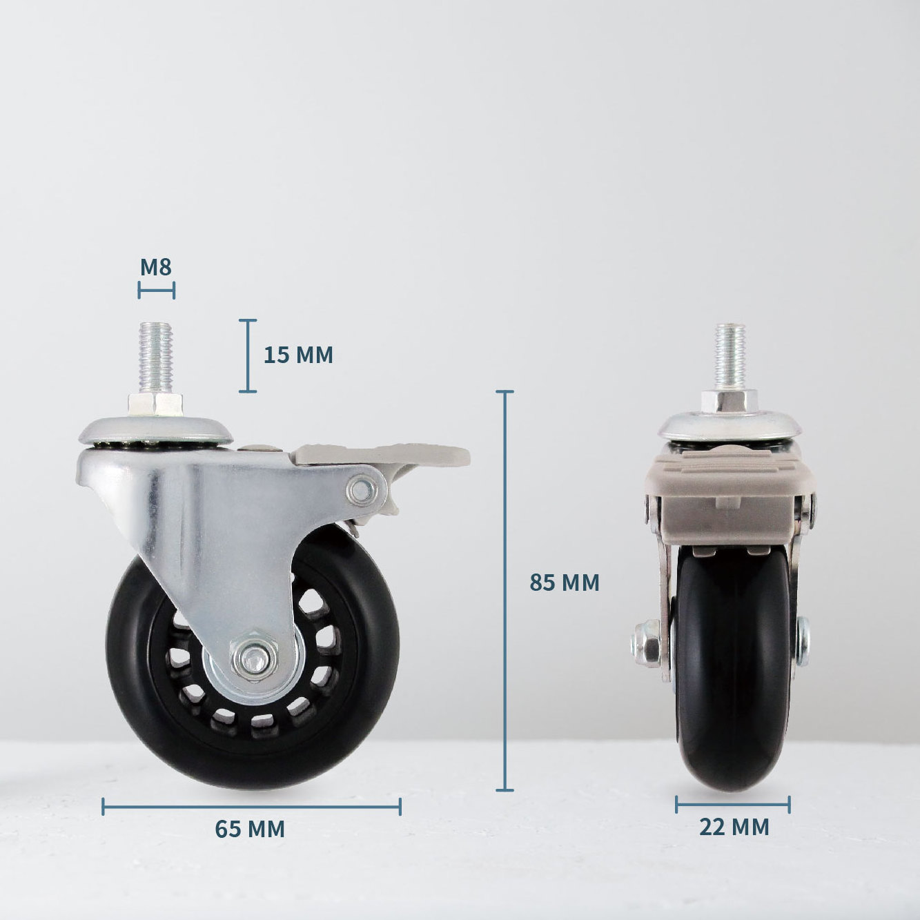 Locking Caster 2.5 Inch PVC Wheel With M8 X 15mm Threaded Stud