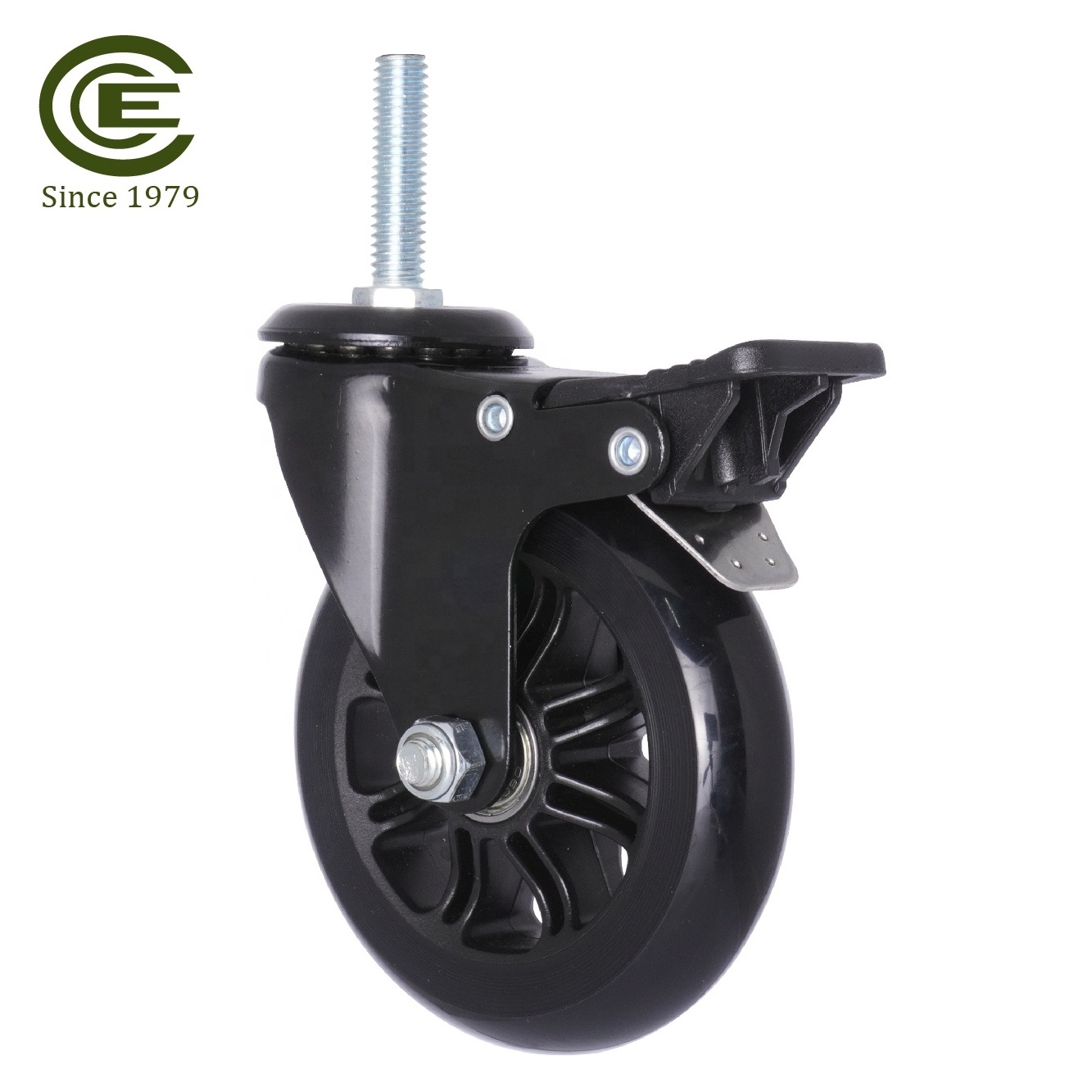 4 Inch 100 mm PU Caster Threaded Wheel Black Casters With Brake