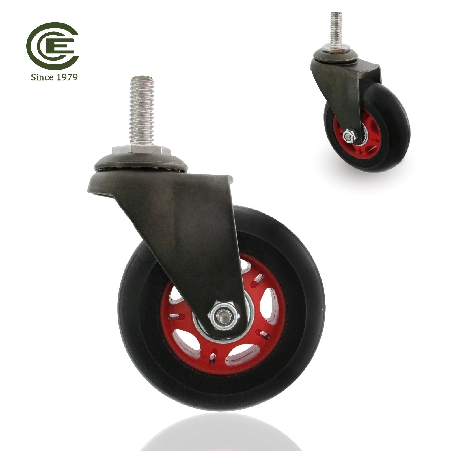 CCE Caster 3 inch Black Silent Polyurethane Threaded Stem Roller Wheel