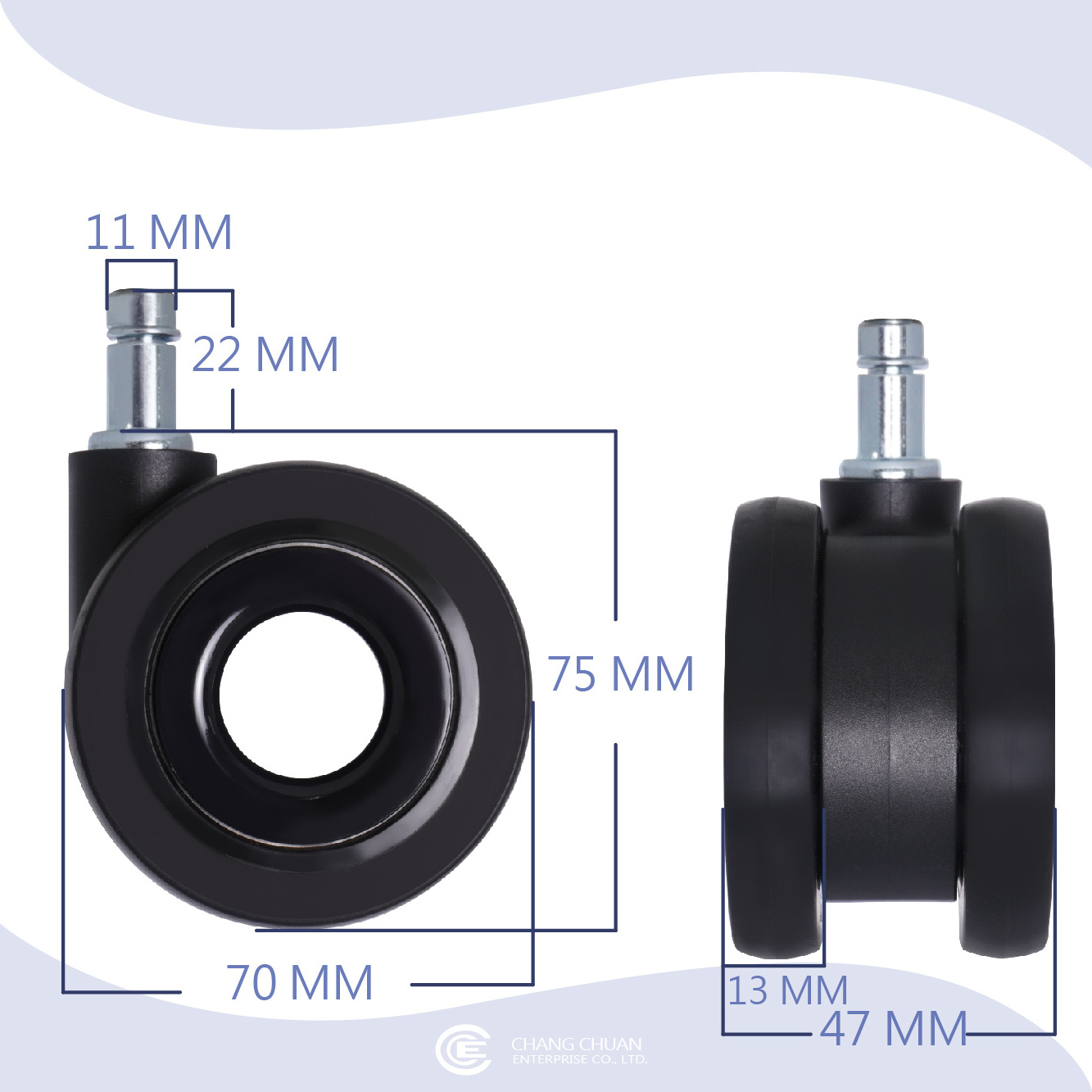 CCE Caster 70mm High Quality Twin Wheel Office Chair Wheel Caster, Smooth Rolling, Quite, Heavy Duty Rubber (Set of 5) Wheel