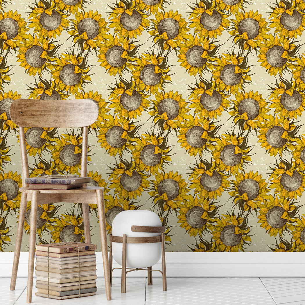 Retro sunflower self-adhesive wallpaper watercolor flower removable wall renovation wallpaper nursery bedroom pvc mural