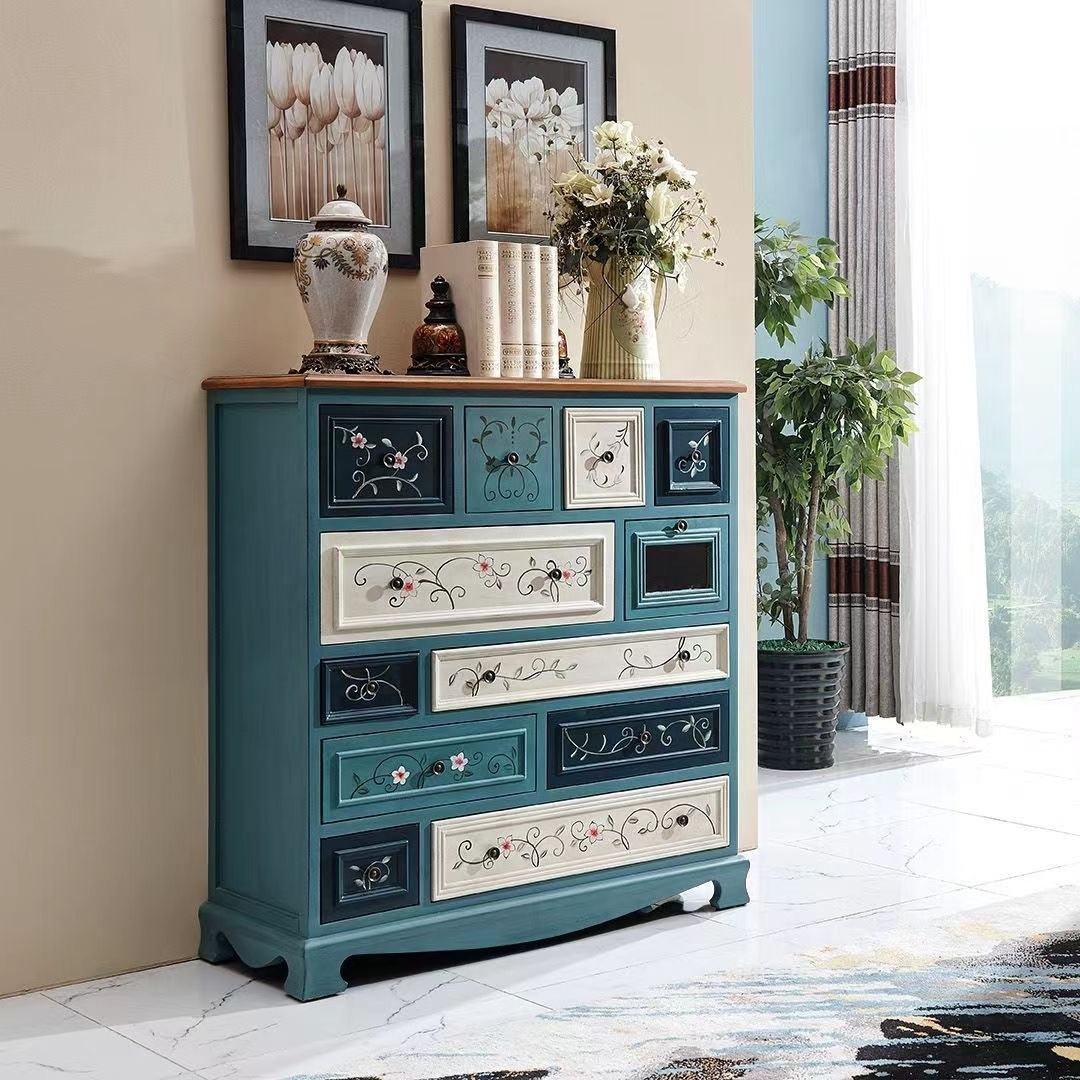 American solid wood bucket cabinet retro painted multi-layer drawers living room bedroom multi-functional storage cabinet