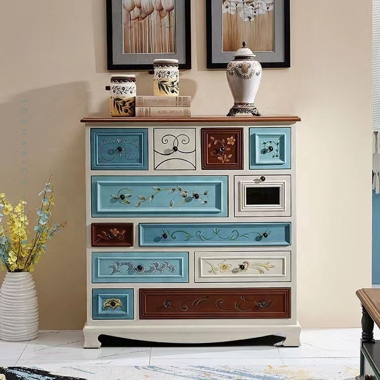 American solid wood bucket cabinet retro painted multi-layer drawers living room bedroom multi-functional storage cabinet