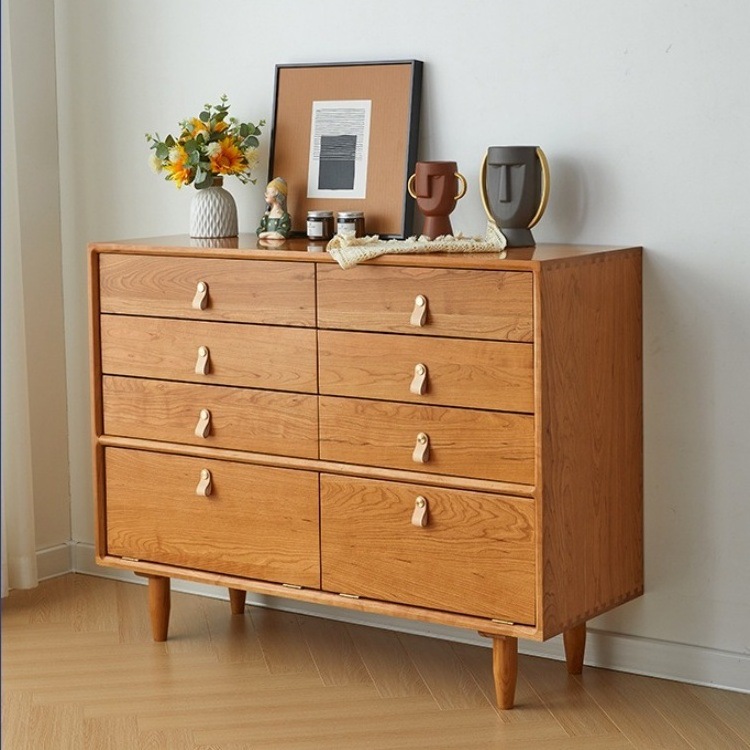 Modern Minimalist Solid Wood Chest Drawers Nordic Log Bedroom Storage Cabinets with Cherry Finish for Living Room