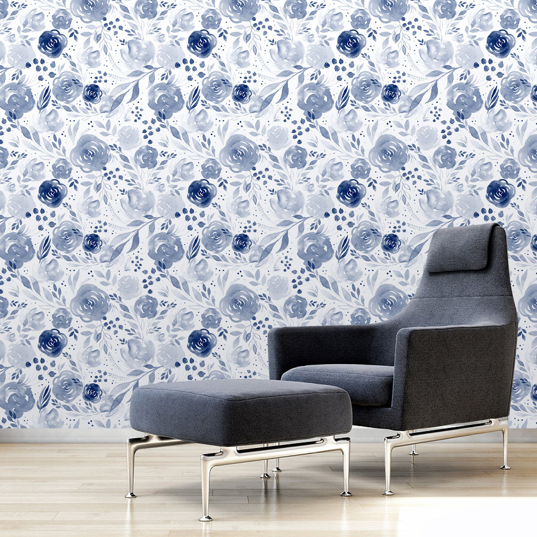 Blue watercolor floral background removable wallpaper peel and paste mural transformation self-adhesive wallpaper