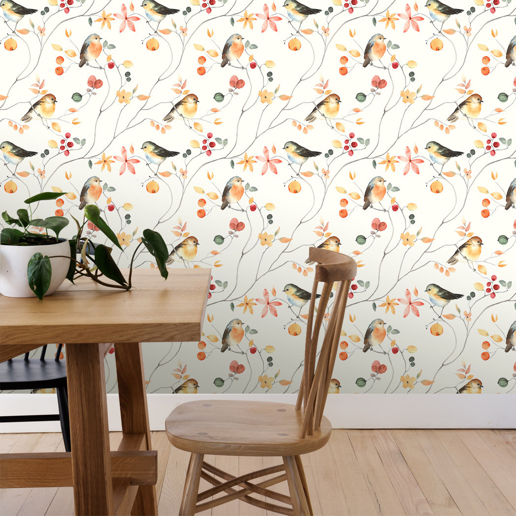 Cross-border wallpaper flowers and birds green plant self-adhesive wallpaper living room background renovation roll wallpaper