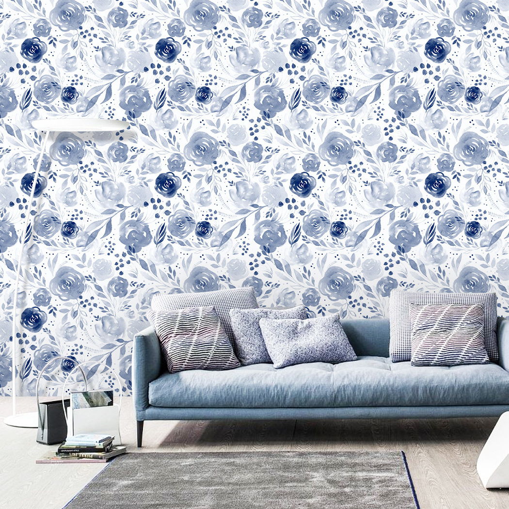 Blue watercolor floral background removable wallpaper peel and paste mural transformation self-adhesive wallpaper