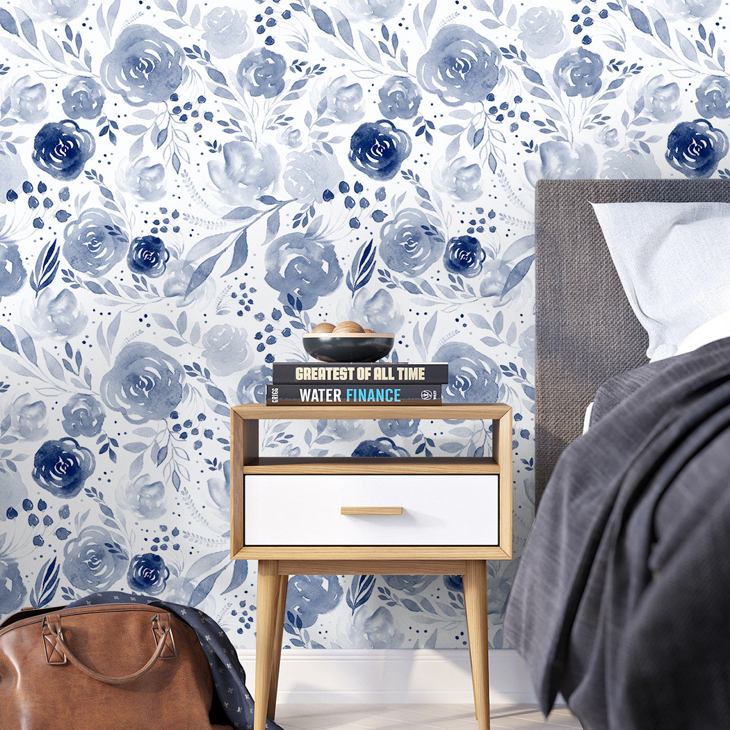 Blue watercolor floral background removable wallpaper peel and paste mural transformation self-adhesive wallpaper