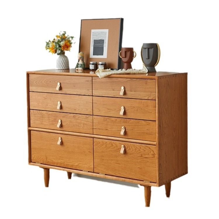 Modern Minimalist Solid Wood Chest Drawers Nordic Log Bedroom Storage Cabinets with Cherry Finish for Living Room