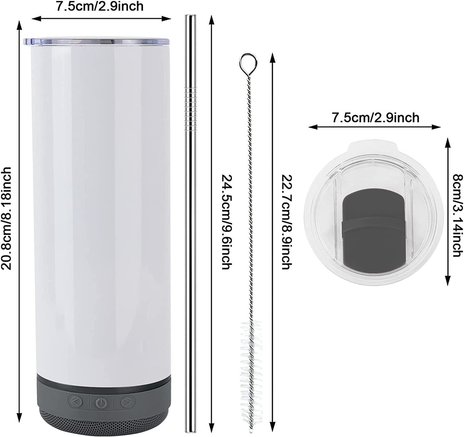 New Arrival Sublimation blank vacuum insulated 20oz Straight display Smart Music speaker tumbler for Heat Press US Warehouse