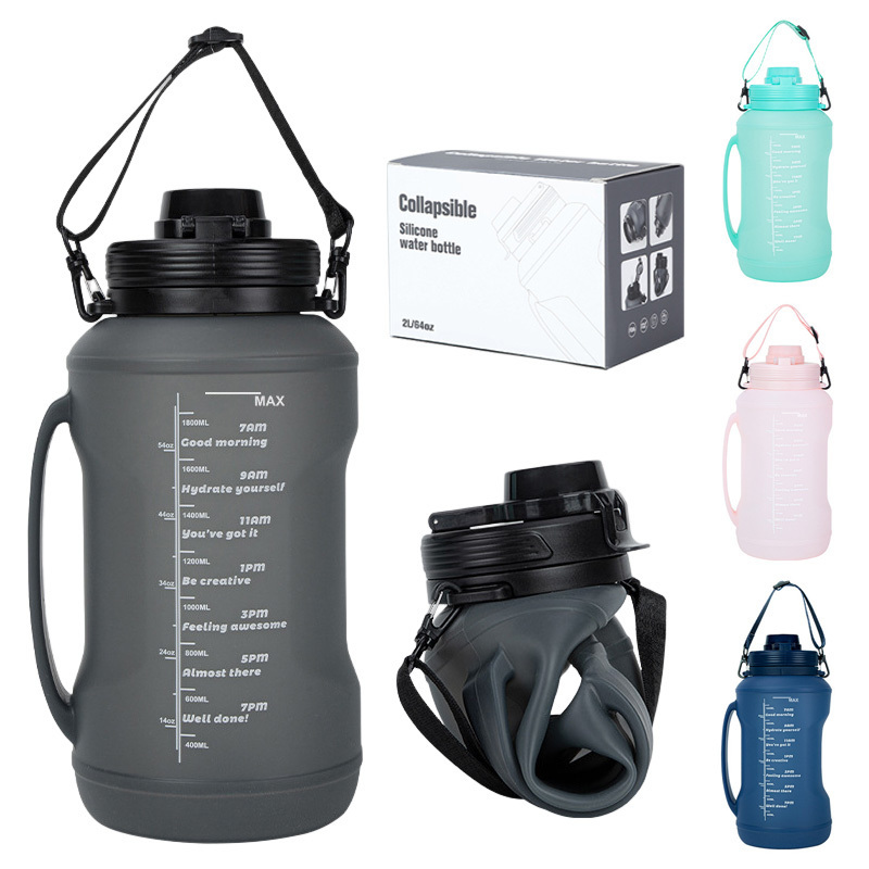 2L Large Capacity Foldable Portable Silicone Water Bottle With Time Scale Reminder Lock Water Leak Proof Cup For Sports Fitness