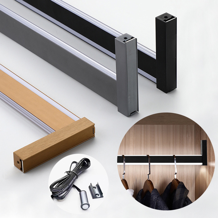 Led Aluminum Light Wardrobe Clothes Hanging Rail Profile with Led Sensor motion Light Closet cloth rod