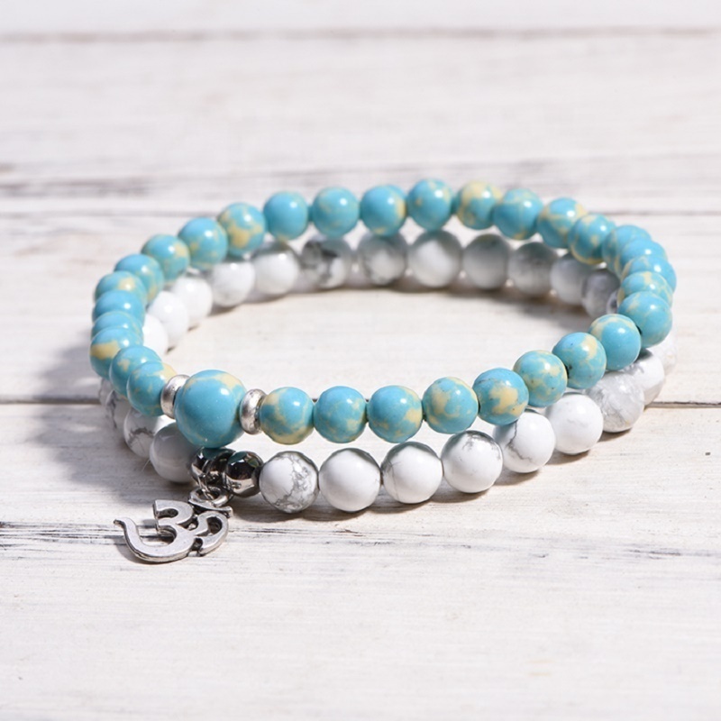 2Pcs/Set White Howlite Bead Bracelet White And Blue Natural Stone Couples Bead Bracelets Ocean Sea Sediment Jasper Bracelet