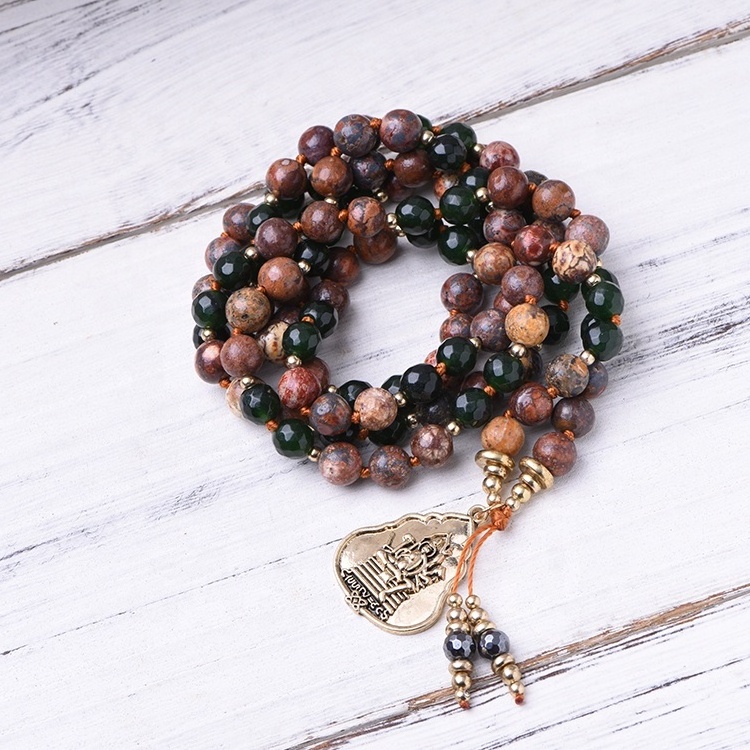 Natural Stone Red Leopard Green Jade Beaded Gemstone Necklace New Hot Multilayer Men Beaded Buddha Necklace