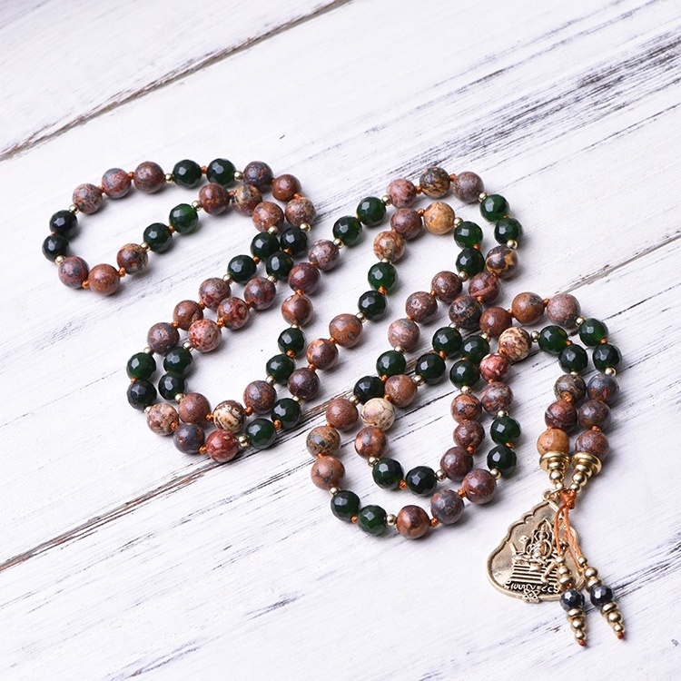 Natural Stone Red Leopard Green Jade Beaded Gemstone Necklace New Hot Multilayer Men Beaded Buddha Necklace