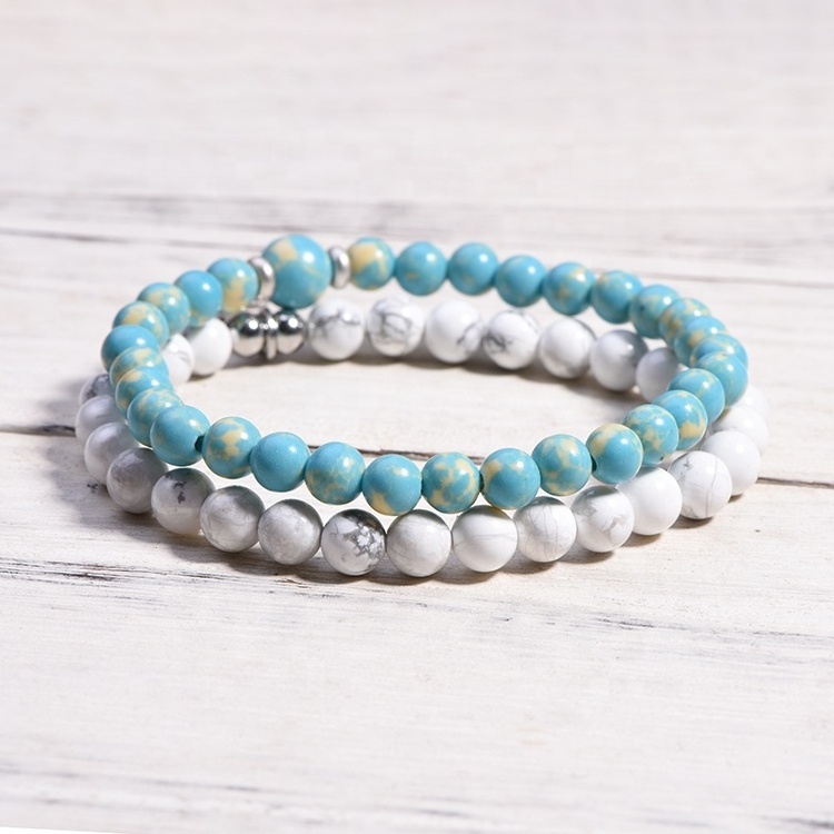 2Pcs/Set White Howlite Bead Bracelet White And Blue Natural Stone Couples Bead Bracelets Ocean Sea Sediment Jasper Bracelet