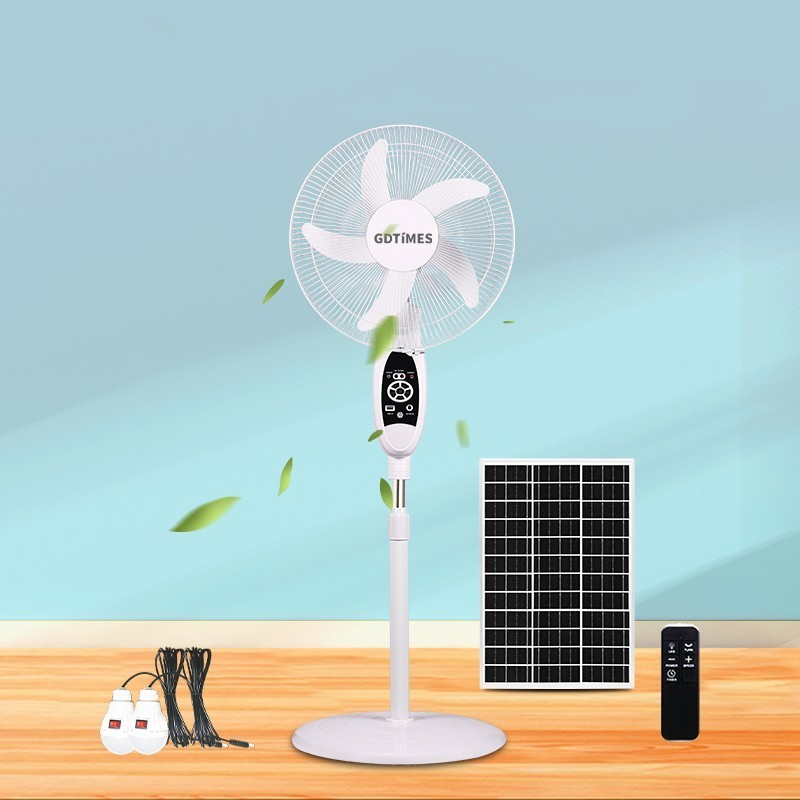 GDTIMES AC/DC Metal Grill 16 Inches 3 Blades Rechargeable Home Solar Fans Rechargeable Electric Fan with USB Port LED Light Bulb