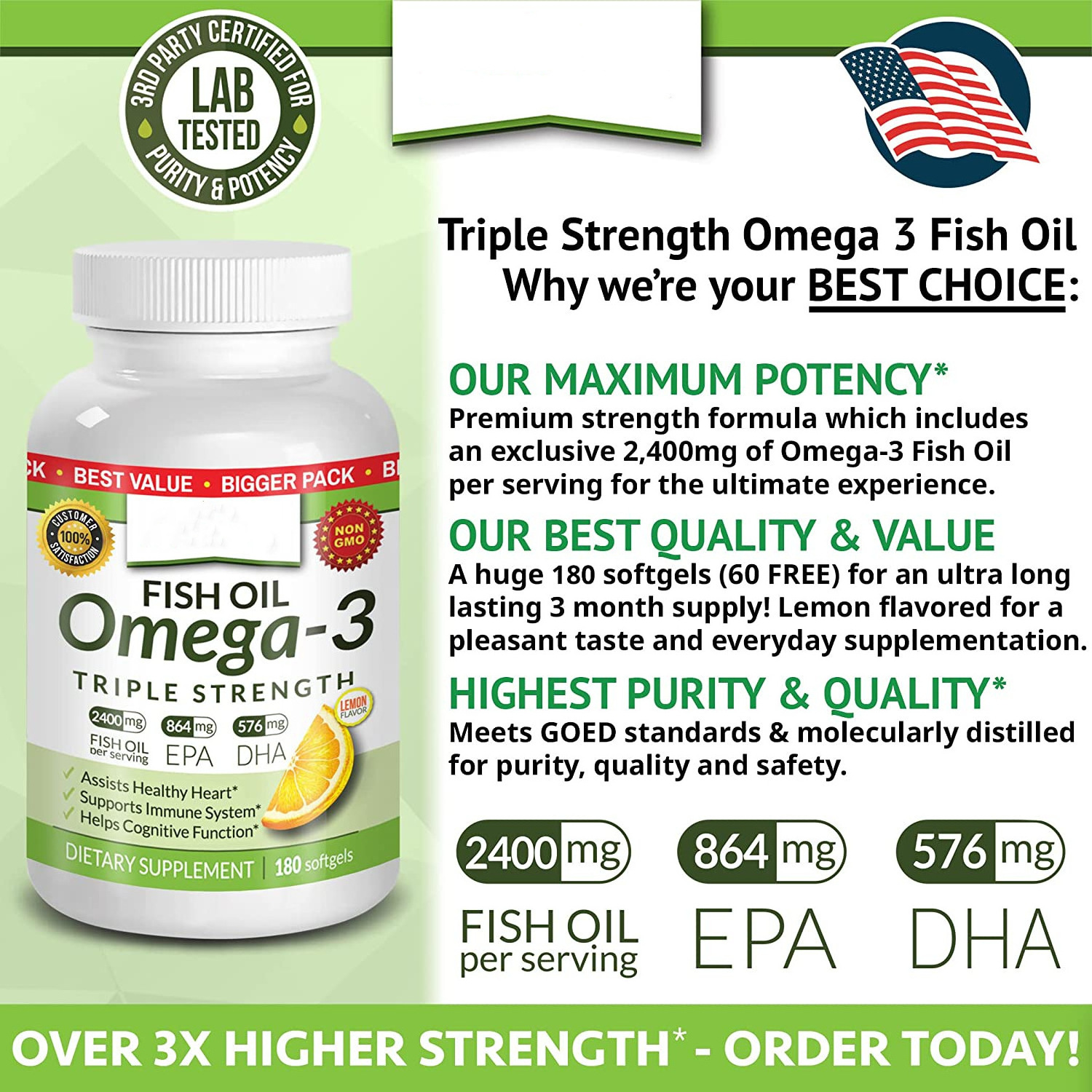 OEM ultra Concentrated Omega 3 Fish Oil , Triple Strength Omega 3 Fish Oil Supplements, 2400 mg Pure Omega3, High EPA DHA