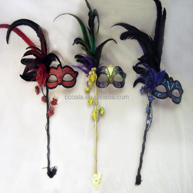 Mardi Gras Feather Venetian Women's Masquerade Mask on a Stick