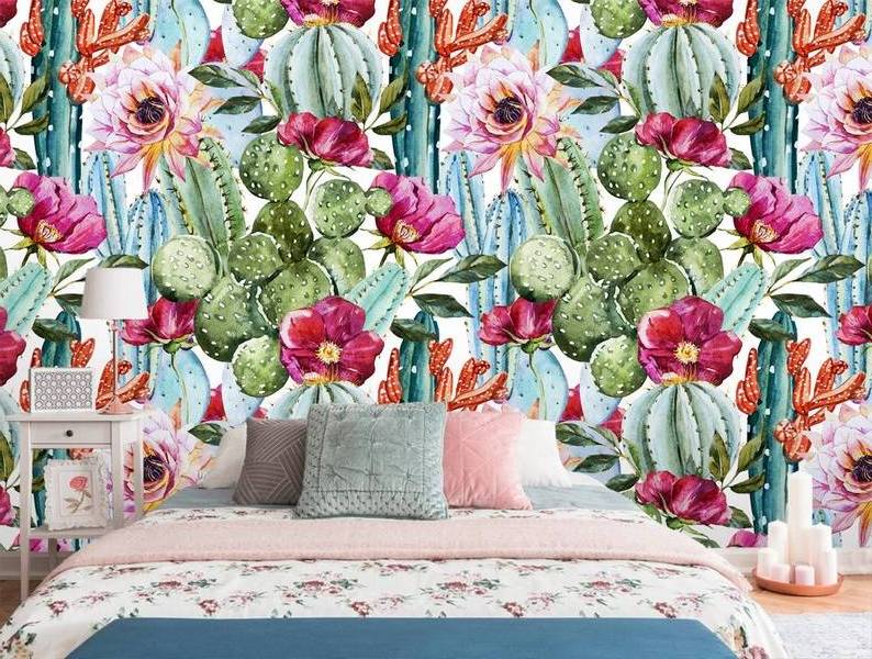 watercolor floral wallpaper wallpaper Self Adhesive Peel and Stick tropical flowers roses and cactus nursery Bedroom Wallpaper