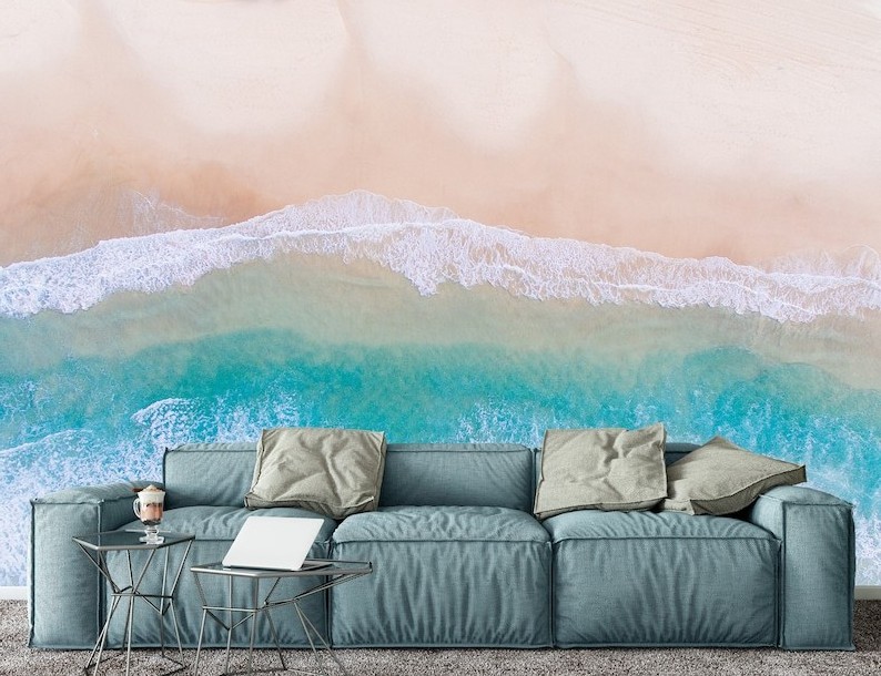 Turquoise Waves Beach Wall Mural Wallpaper Sea Beach Aerial View Wallpaper Seasacpe Island Landscape Blue Wave Wallpaper