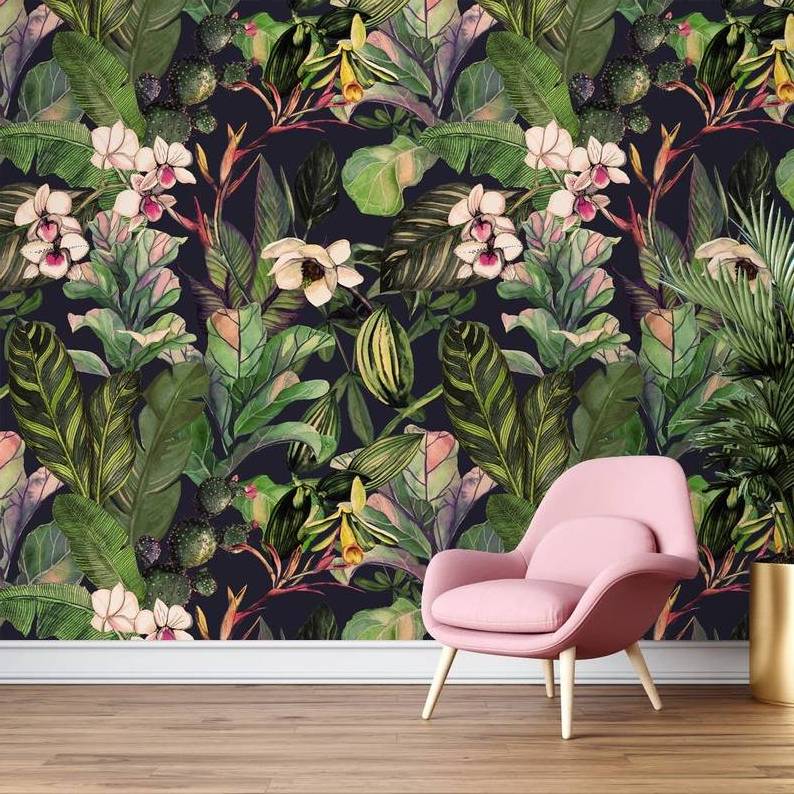 watercolor tropical leaves and flowers wallpaper Temporary wallpaper Peel and Stick magnolia flower for Bedroom Wallpaper