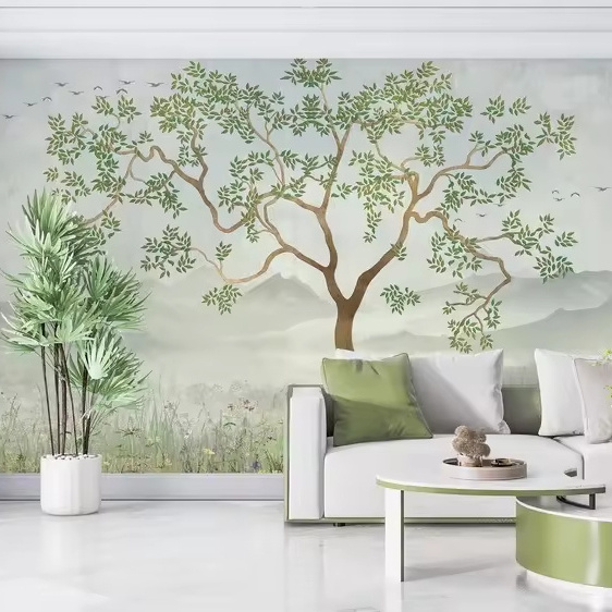 Tree by the Lake Wallpaper Landscape with Mountains Background Bedroom Wallpaper Mural Peel and Stick Wallpaper