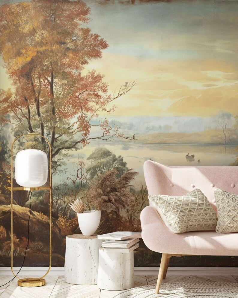 Watercolor Forest Antler Tree Landscape Lake Scene Removable Peel and Stick Nonwoven Wallpaper Headboard Spring Forest Decor