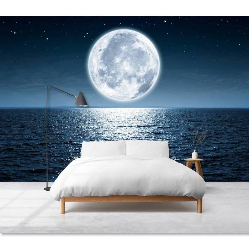 Full Moon Light Night Sea Wallpaper Bedroom Accent Wall Decal Moon Wall Decor Moon Path Wall Mural