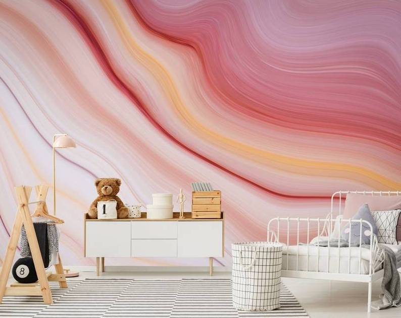 Peach Coral Wall Mural Wallpaper Abstract Wavy Wallpaper Girl Room Wall Decor Kids Room Accent Wall Traditional Wallpaper