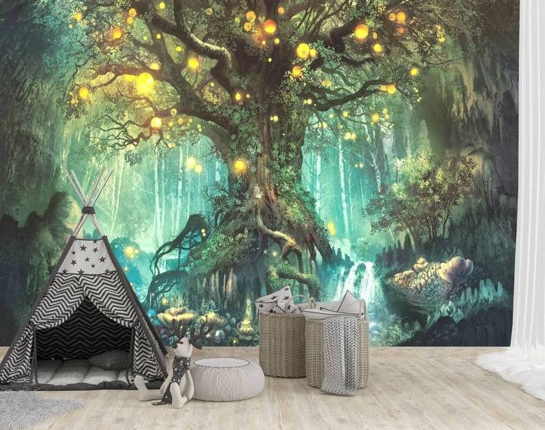 Fireflies on a Fantastic Tree Wall Mural Fantasy Tree Wallpaper Nursery Wall Decor Kids Playroom Wallpaper