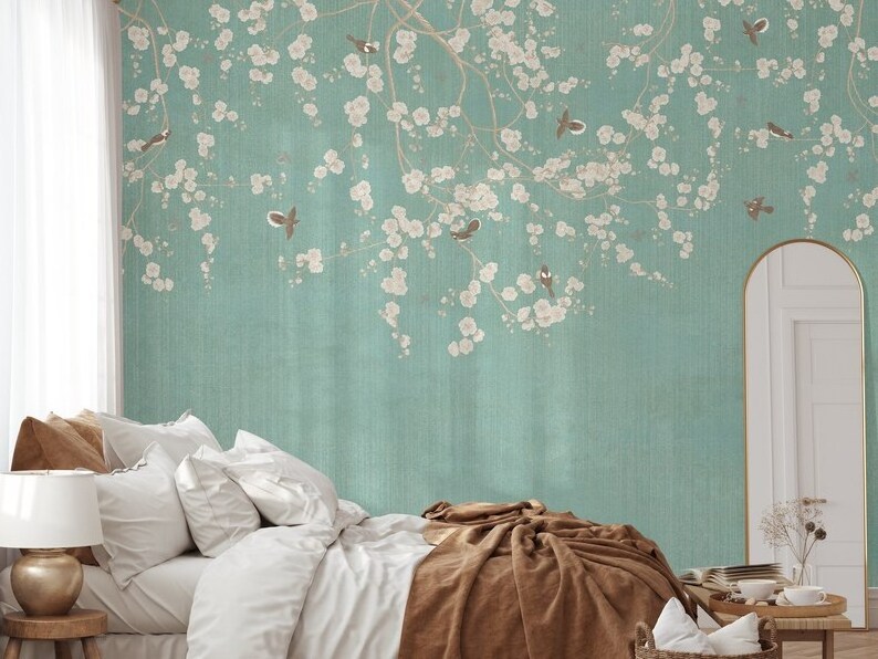 Chinoiserie Wallpaper Cherry Blossom Vintage  with Birds Floral Ancient Wallpaper Tree Branch Wallpaper