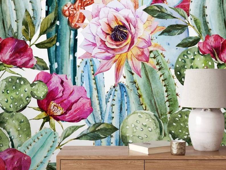 watercolor floral wallpaper wallpaper Self Adhesive Peel and Stick tropical flowers roses and cactus nursery Bedroom Wallpaper