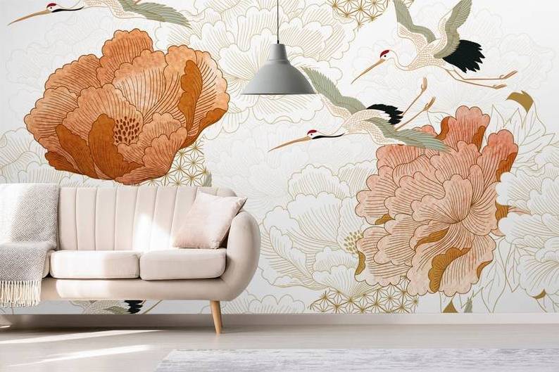 Crane birds Peel and Stick Japanese background element Peony Wall Mural Self Adhesive Peony floral pattern Removable Wallpaper