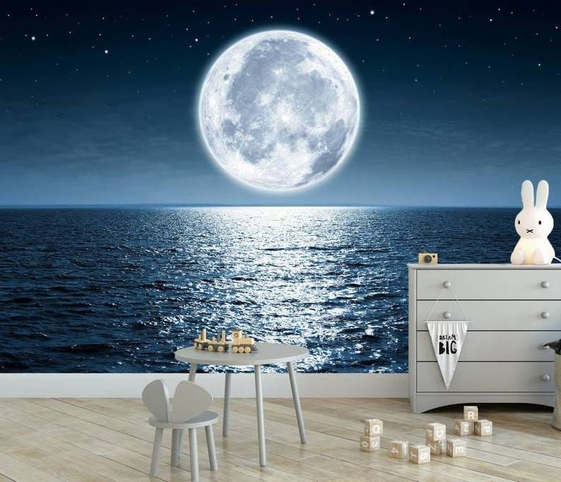 Full Moon Light Night Sea Wallpaper Bedroom Accent Wall Decal Moon Wall Decor Moon Path Wall Mural