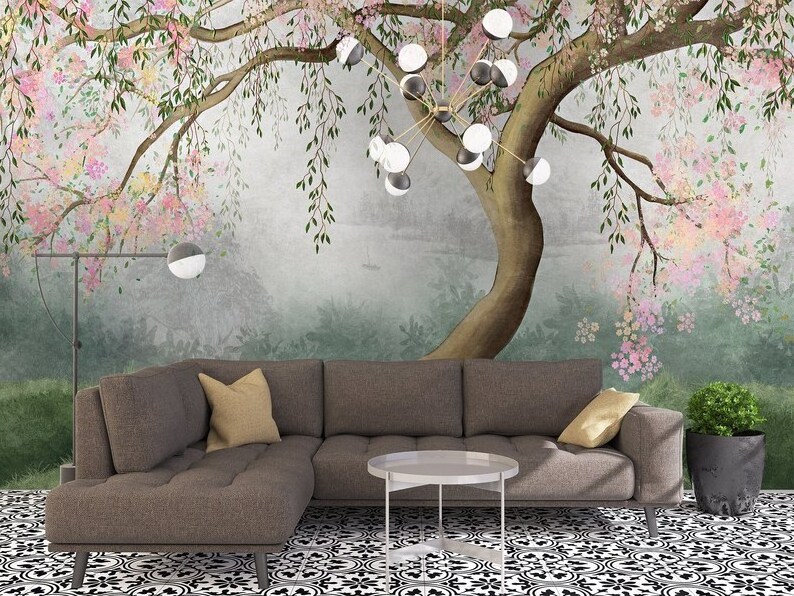 Under the Tree Peel and Stick Wallpaper Mural Flowering Tree with Willow Branches Wallpaper Nursery Removable Wallpaper