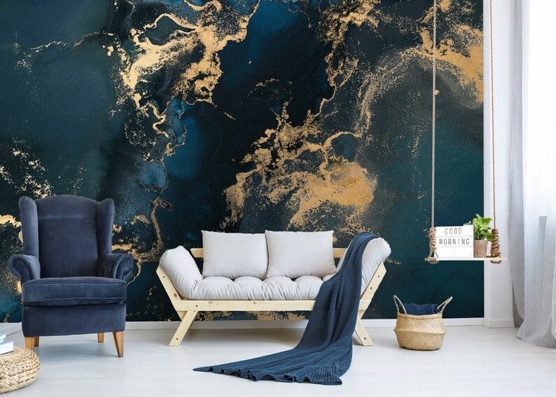 Navy Blue Wallpaper Wall Mural Dark Blue Gold Abstract Marble Wall Decor Blue Marble Texture Accent Design Wallpaper Print