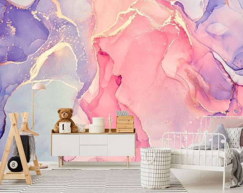 Pink Purple Abstract Marble Background Wallpaper Peel and Stick Wall Mural Vibrant Accent Wall Decoration Wavy Pattern Mural